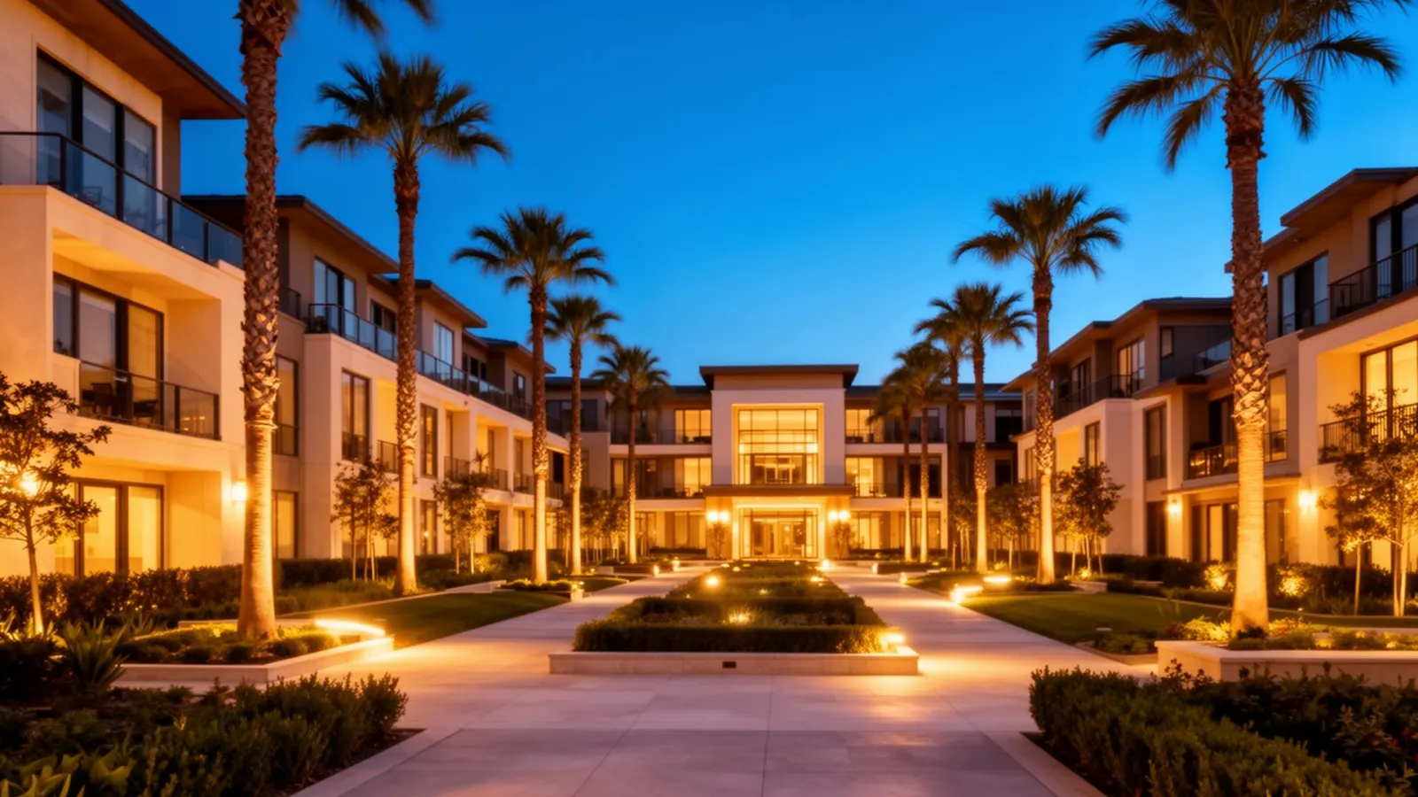 Luxury Southern California apartment community at dusk with warm lighting, palm trees, and clean walkways