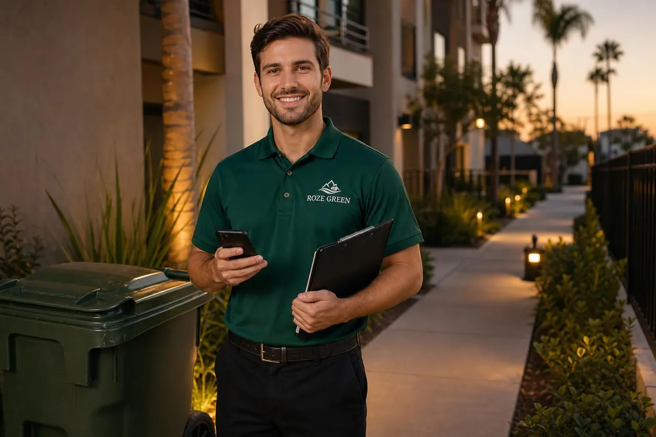 Roze Green attendant in a green branded uniform inspecting an apartment community breezeway during evening service